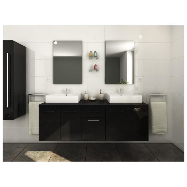 OLGA Ensemble salle de bain double vasque L 150 cm  - Noir laqué bril