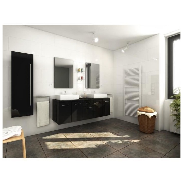 OLGA Ensemble salle de bain double vasque L 150 cm  - Noir laqué bril