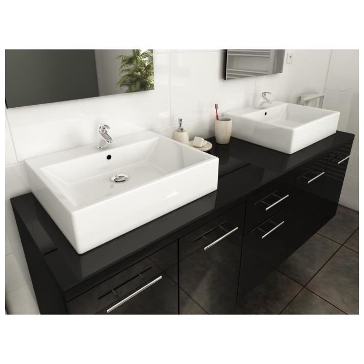 OLGA Ensemble salle de bain double vasque L 150 cm  - Noir laqué bril