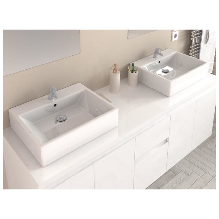CINA Ensemble salle de bain double vasque L 150 cm - Blanc laqué bril
