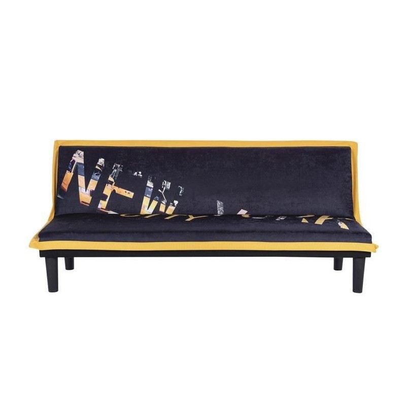 CASSY Banquette clic clac 3 places imprimé New York - Tissu Noir/Jaune - L 179 x P 79 x H 74 cm