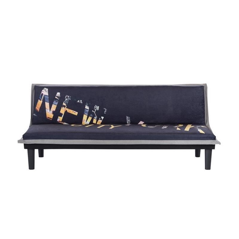 Banquette clic clac 3 places CASSY - Imprimé New York - Tissu Noir/Gris - L 179 x P 79 x H 74 cm