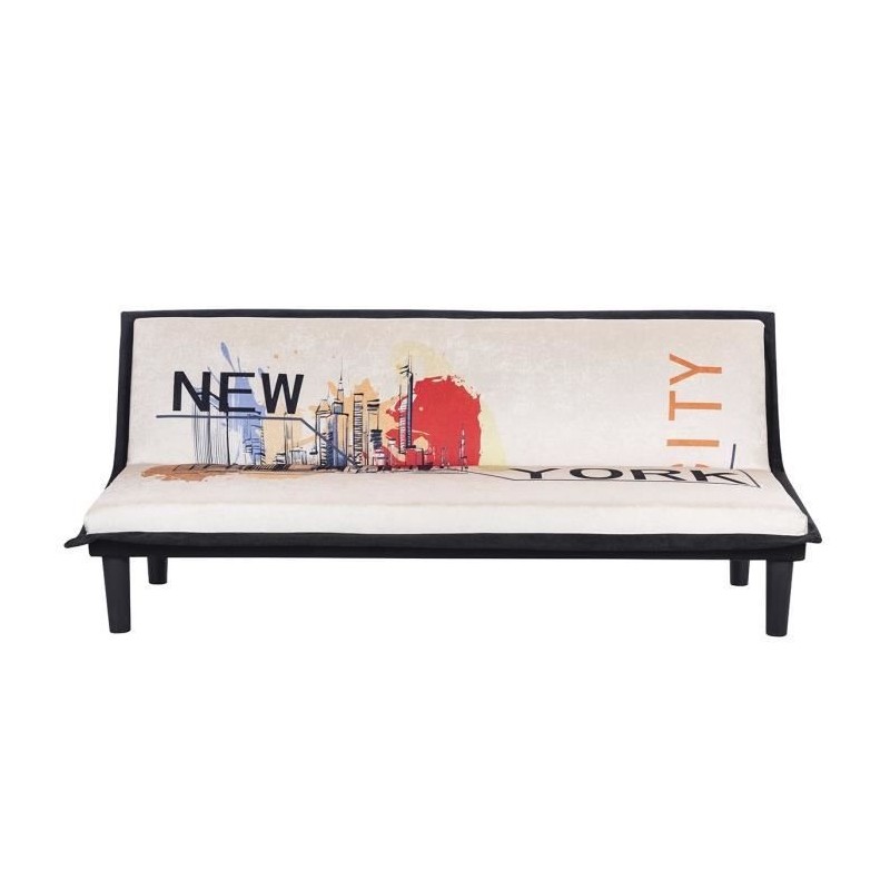 Banquette clic clac 3 places CASSY imprimé New York - Tissu blanc et noir imprimé New York - L 179 x P 79 x H 74 cm