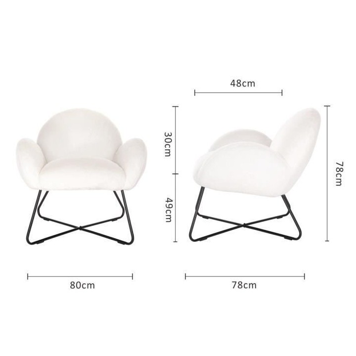 CHARLIE Fauteuil imitation fourrure - Pieds en métal - Tissu blanc -