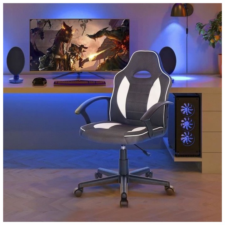 TERRY Chaise de bureau ajustable gaming - Simili Blanc et gris - L 56