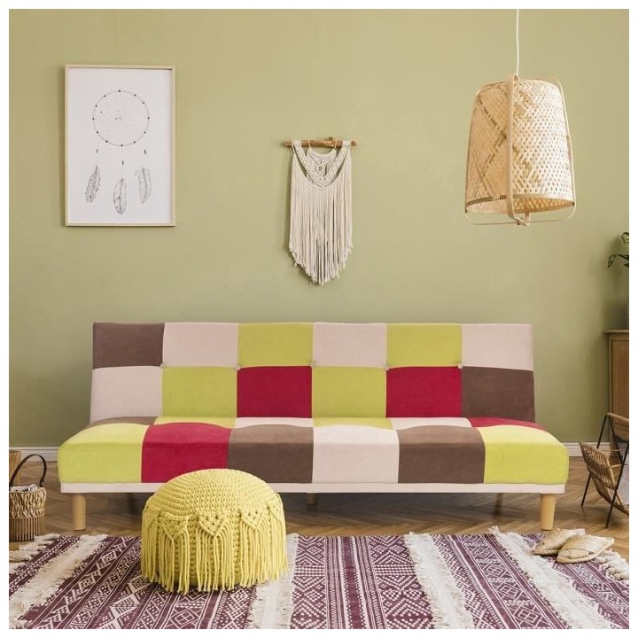 DARIA Banquette clic clac 3 places - Tissu patchwork gris clair - L 19