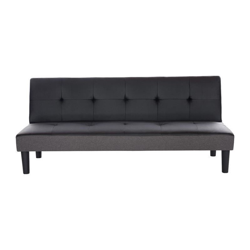 IVY Banquette clic clac 3 places capitonné - Simili noir et tissu gris clair - L 180 x P 84 x H 74 cm