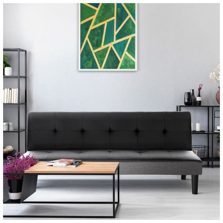 IVY Banquette clic clac 3 places capitonné - Simili noir et tissu gri