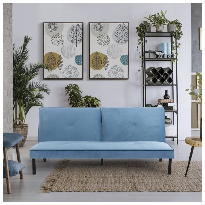 LYNN Banquette clic clac 3 places - Tissu bleu - L 190 x P 92 x H 87 c