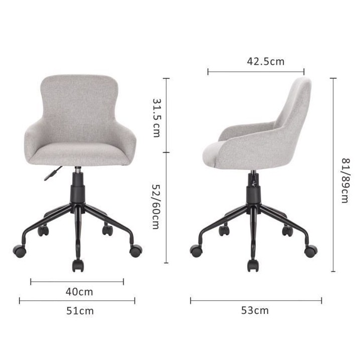 Chaise de bureau NEST - Tissu Gris - Ajustable - L 51 x P 53 x H 81/89