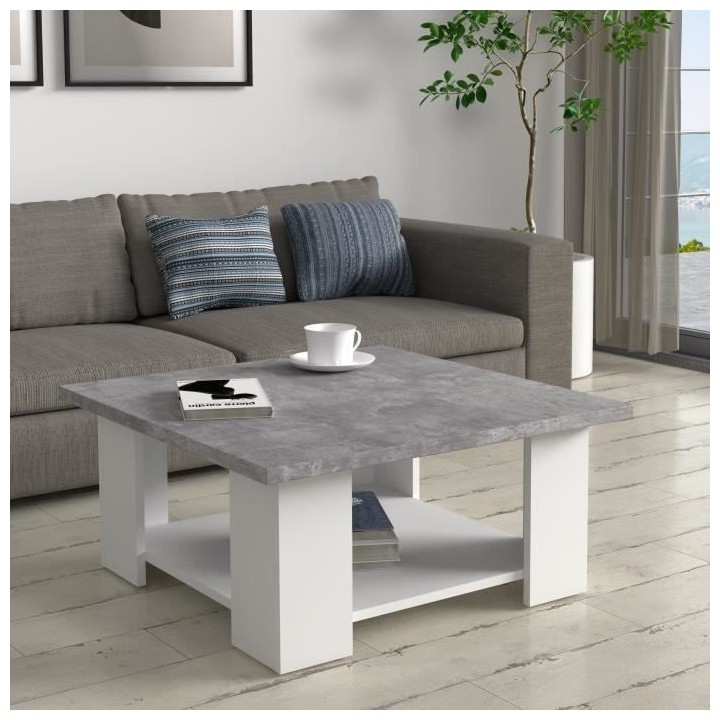 Table basse PILVI - Blanc et béton clair - Contemporain - L 67 x P 67