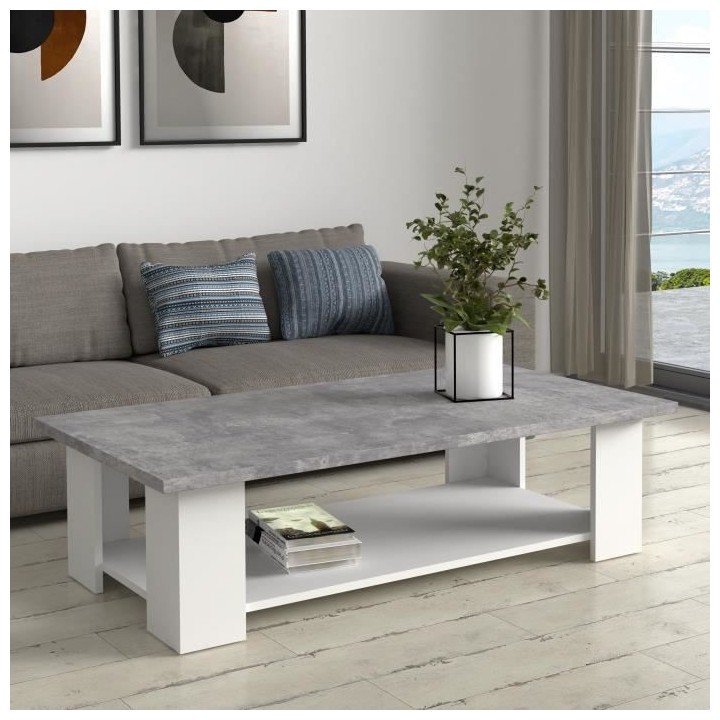 Table basse PILVI - Blanc et béton clair - L 110 x P 60 x H 31 cm
