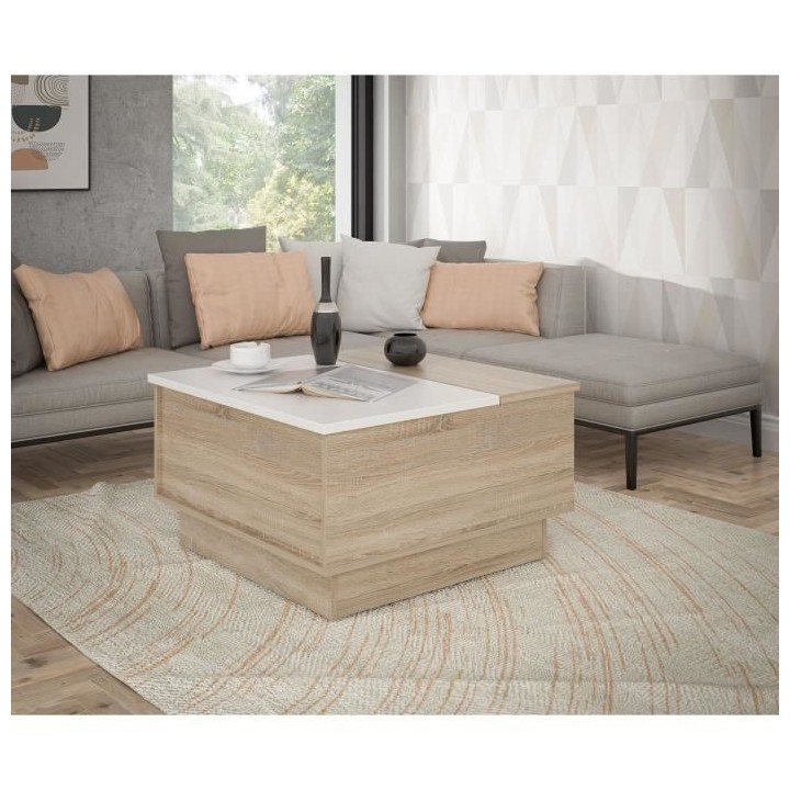 Table basse - Décor chene sonoma et blanc mat - 2 abattants avec rang