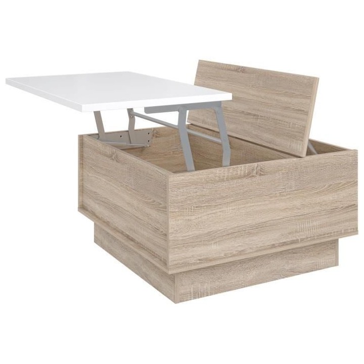 Table basse - Décor chene sonoma et blanc mat - 2 abattants avec rang