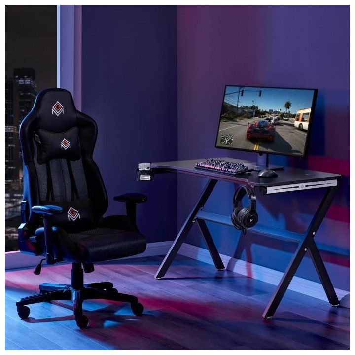 CGM Bureau Gaming noir L 120 x l 60 x H 74 cm - Porte-gobelet et porte