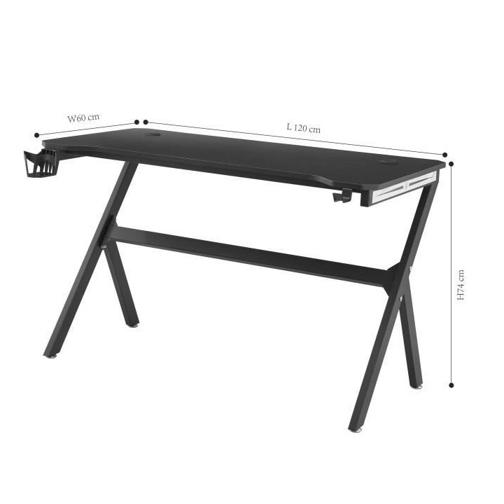 CGM Bureau Gaming noir L 120 x l 60 x H 74 cm - Porte-gobelet et porte