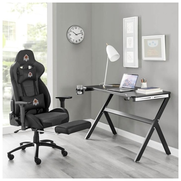 CGM Bureau Gaming noir L 120 x l 60 x H 74 cm - Porte-gobelet et porte