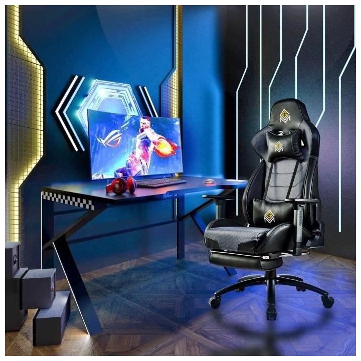 Fauteuil gaming CGM avec appui-tete, repose-pieds et oreiller lombaire