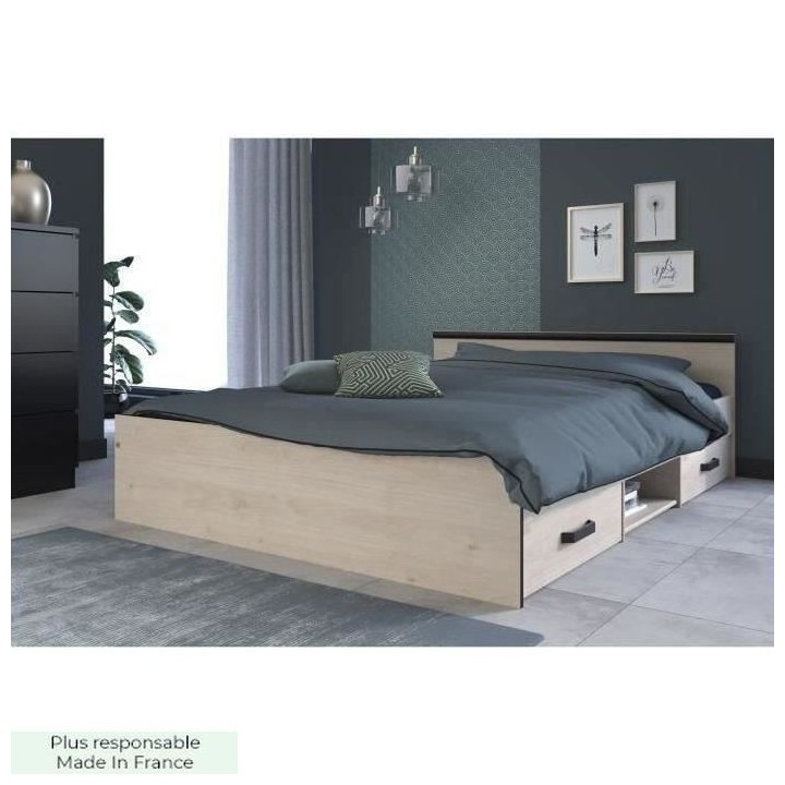 PARISOT ZODIAC Lit adulte industriel - 140 x 190 cm - Décor chene et