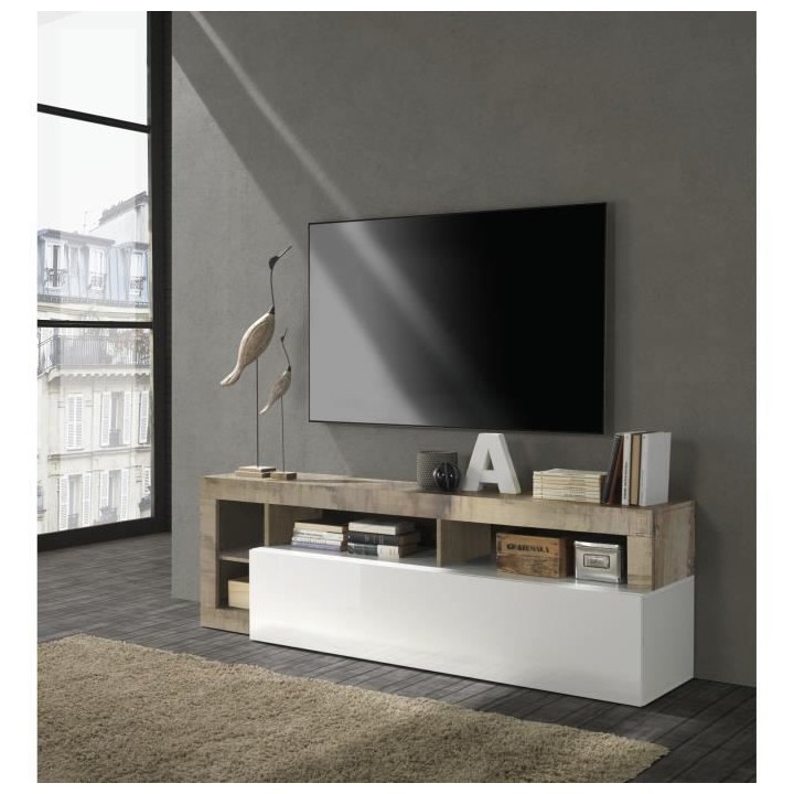 Meuble TV 1 porte - Finition Blanc Laqué et Effet Bois Vintage - L 18