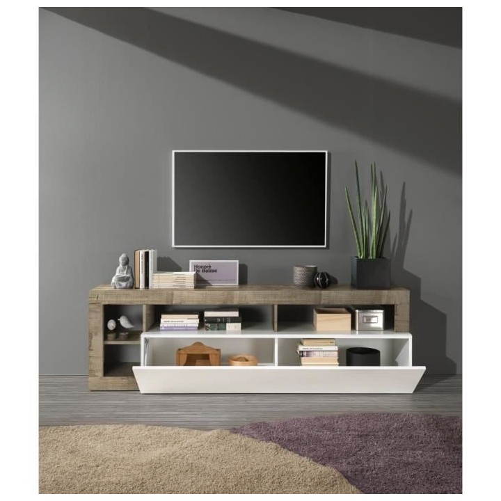 Meuble TV 1 porte - Finition Blanc Laqué et Effet Bois Vintage - L 18