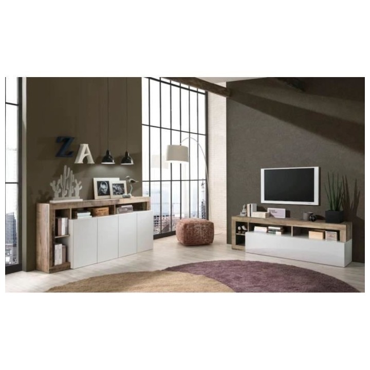 Meuble TV 1 porte - Finition Blanc Laqué et Effet Bois Vintage - L 18