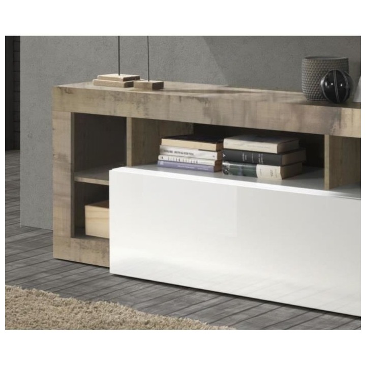 Meuble TV 1 porte - Finition Blanc Laqué et Effet Bois Vintage - L 18