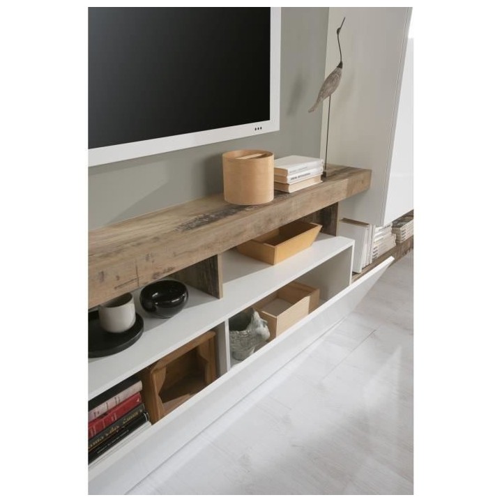 Meuble TV 1 porte - Finition Blanc Laqué et Effet Bois Vintage - L 18