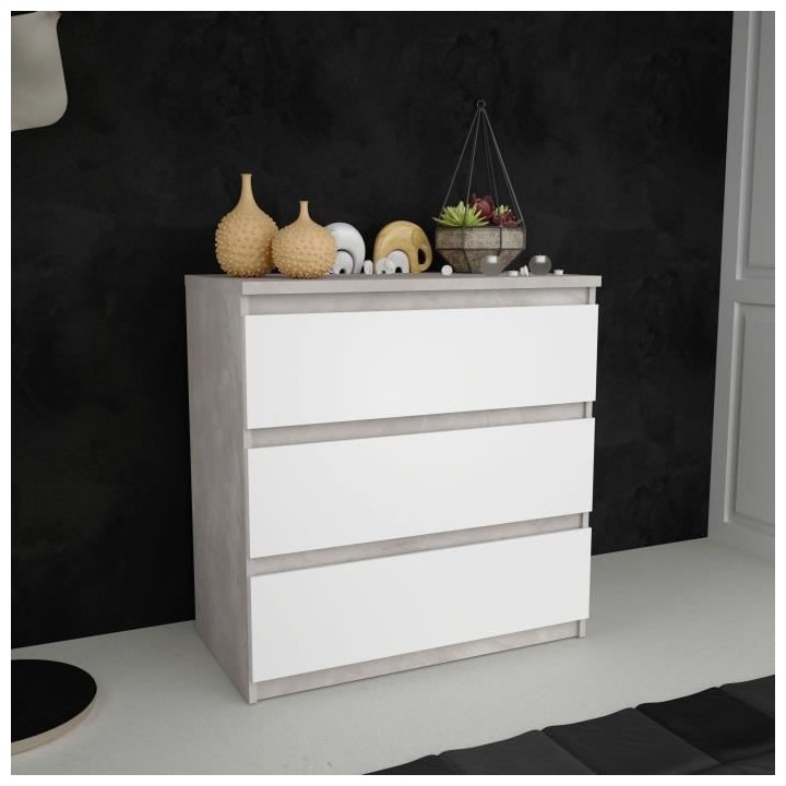 Commode CHELSEA 3 Tiroirs - Couleur blanc/béton clair - L 77,2 x P 42