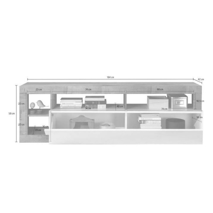 Meuble TV 1 porte - Finition Blanc Laqué et Effet Bois Vintage - L 18