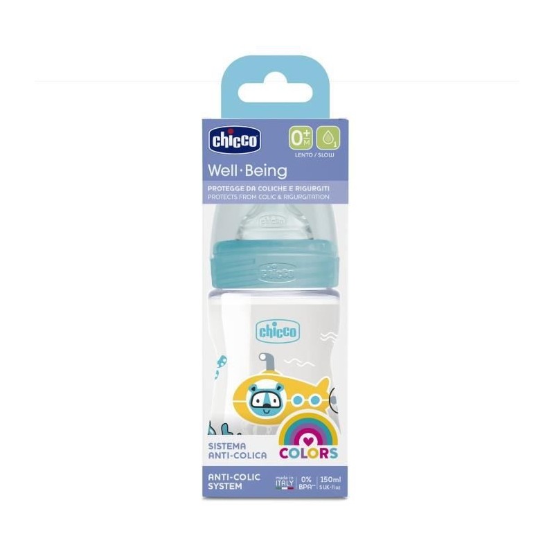 Chicco Biberon Bien-etre Débit Lent +0m Bleu 150ml