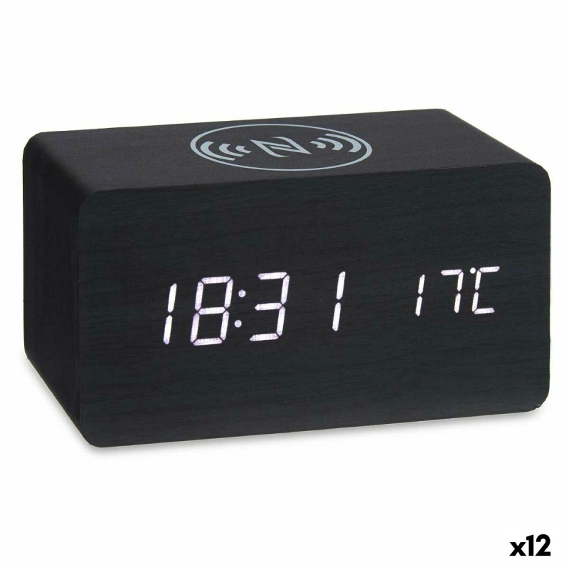 Montre-Réveil avec Chargeur sans Fil Noir PVC Bois MDF 15 x 7,5 x 7 cm (12 Unités)