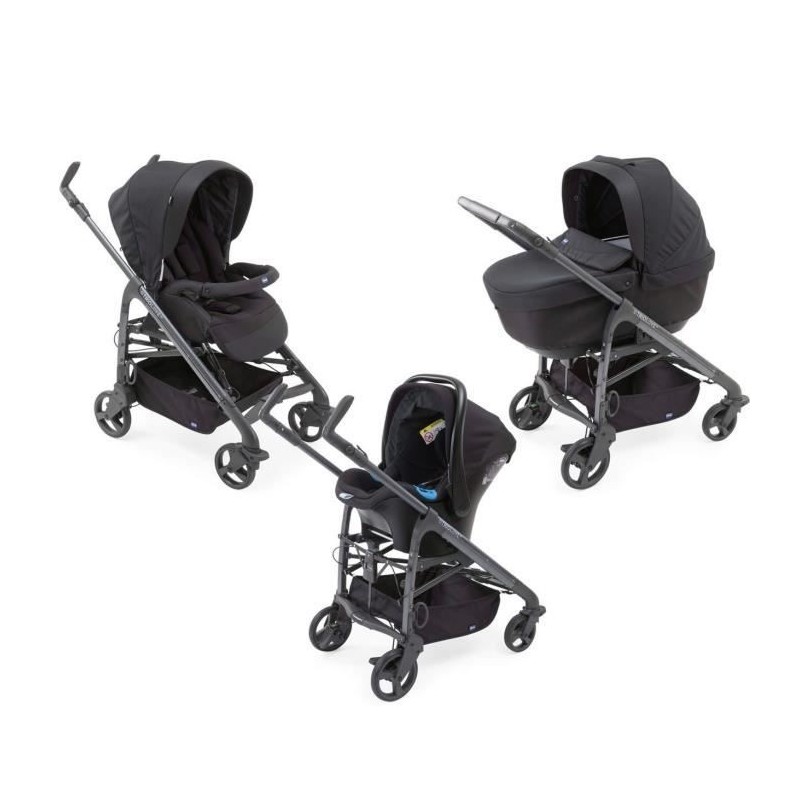 CHICCO Poussette combinée trio Love Up - Siege Auto Oasys groupe 0+ et Nacelle - 0-36 mois - Dossier inclinable - Black Beauty