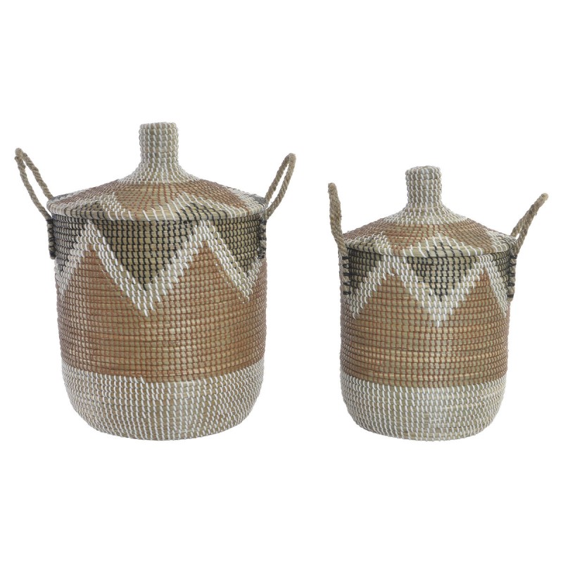 Set de basket DKD Home Decor Blanc Marron Naturel Herbier marin Zigzag 39 x 39 x 53 cm