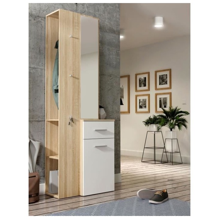 ELARA Vestiaire avec miroir, tringle a habits, 1 porte, 1 tiroir - Pan