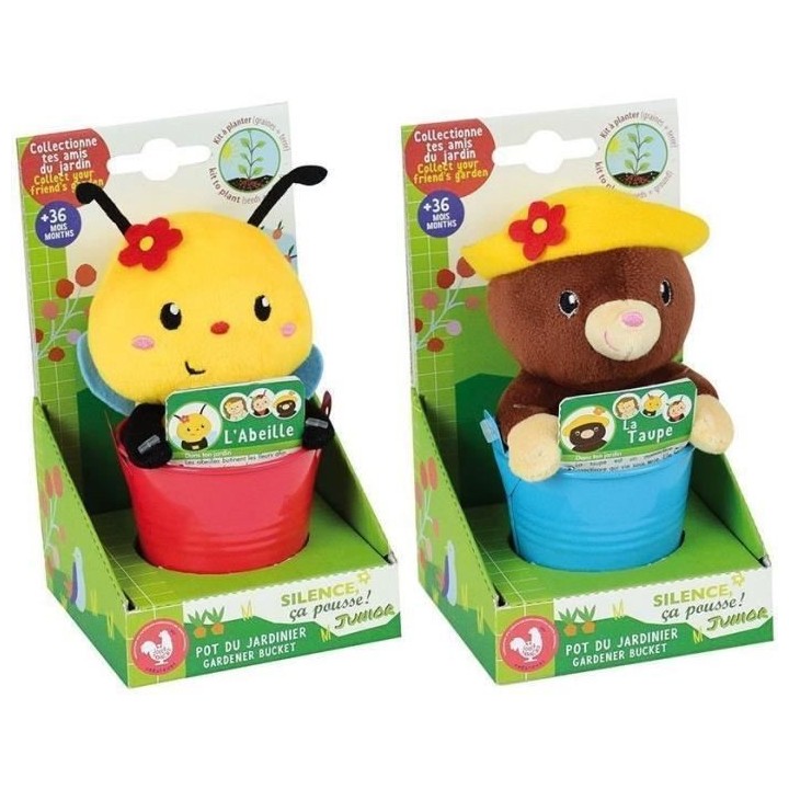 SILENCE CA POUSSE Lot de 2 pots du jardinier avec peluches +/- 13 cm 