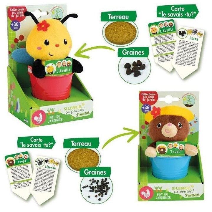 SILENCE CA POUSSE Lot de 2 pots du jardinier avec peluches +/- 13 cm 