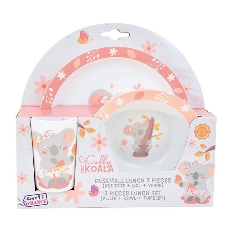 CALLY MIMI KOALA Ensemble repas incluant 1 verre 220 ml, 1 assiette et 1 bol micro-ondables pour enfant