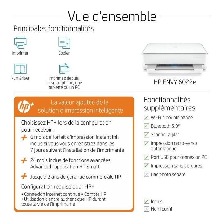 HP Envy 6022e Imprimante tout-en-un Jet d'encre couleur Copie Scan - I