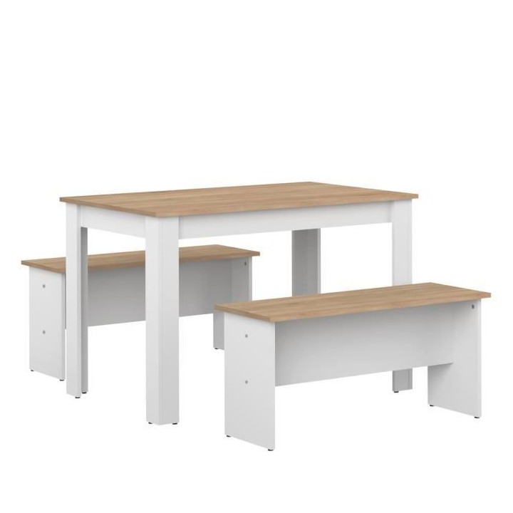 Table a manger + 2 bancs NICE - Blanc et Chene naturel - Style contemp