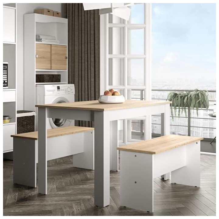 Table a manger + 2 bancs NICE - Blanc et Chene naturel - Style contemp