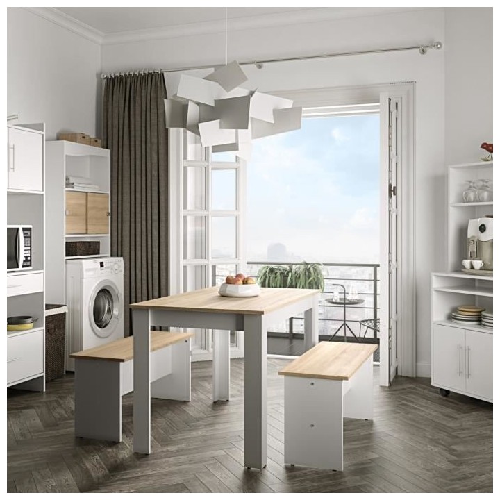 Table a manger + 2 bancs NICE - Blanc et Chene naturel - Style contemp
