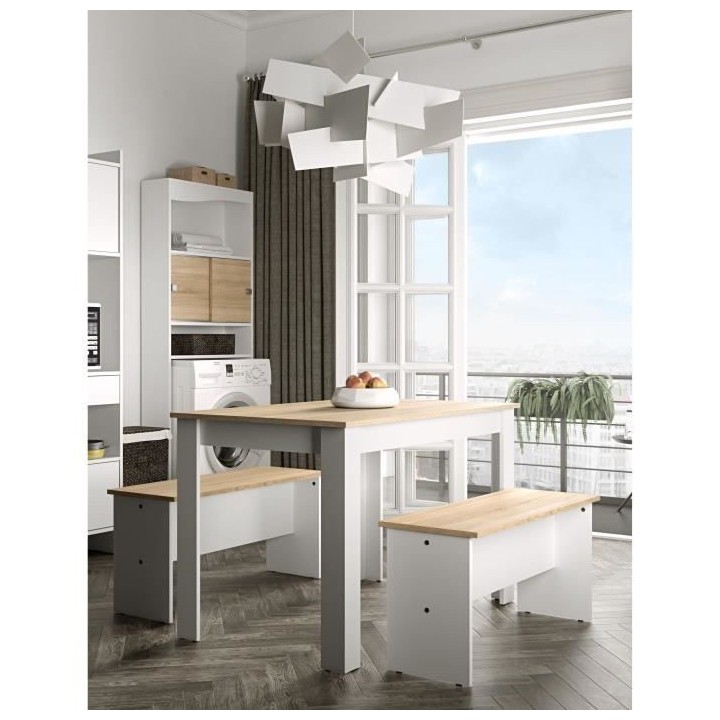 Table a manger + 2 bancs NICE - Blanc et Chene naturel - Style contemp