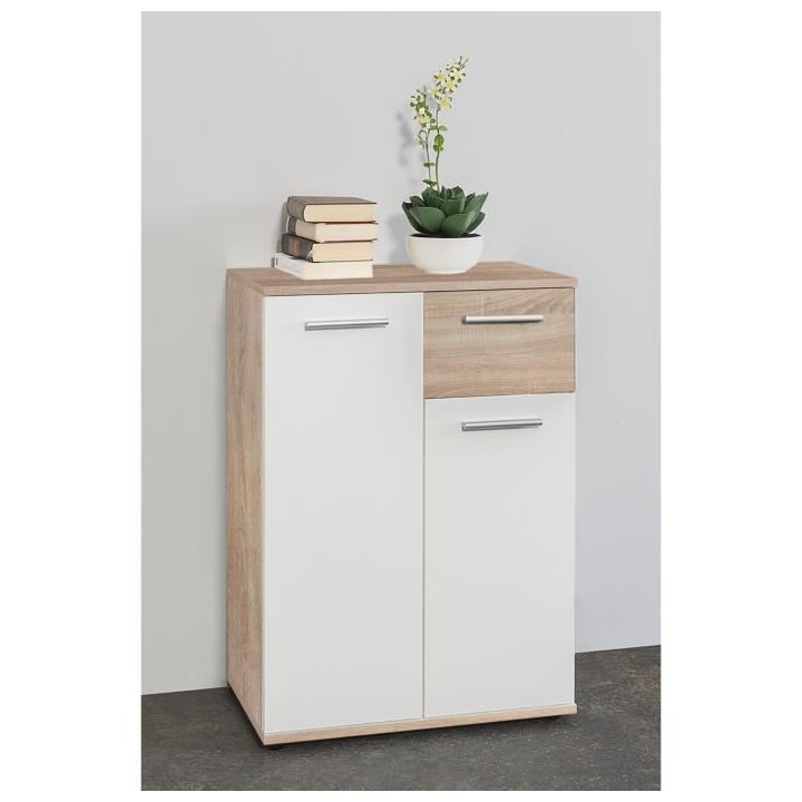 JACKY Meuble de rangement Petit Buffet - Blanc mat et décor chene Son
