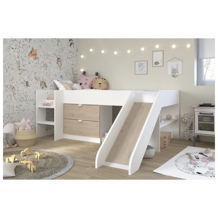 PARISOT SLIDE - Lit toboggan enfant - Décor Blanc et Chene Jackson -