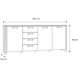 Enfilade CLIF 3 portes - 3 tablettes, 4 tiroirs - 206,1 cm - Décor vieux bois vintage avec béton gris foncé - Poignées noire