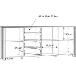 Enfilade CLIF 3 portes - 3 tablettes, 4 tiroirs - 206,1 cm - Décor vieux bois vintage avec béton gris foncé - Poignées noire