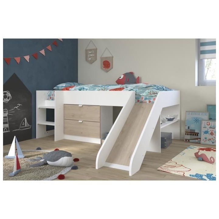 PARISOT SLIDE - Lit toboggan enfant - Décor Blanc et Chene Jackson -