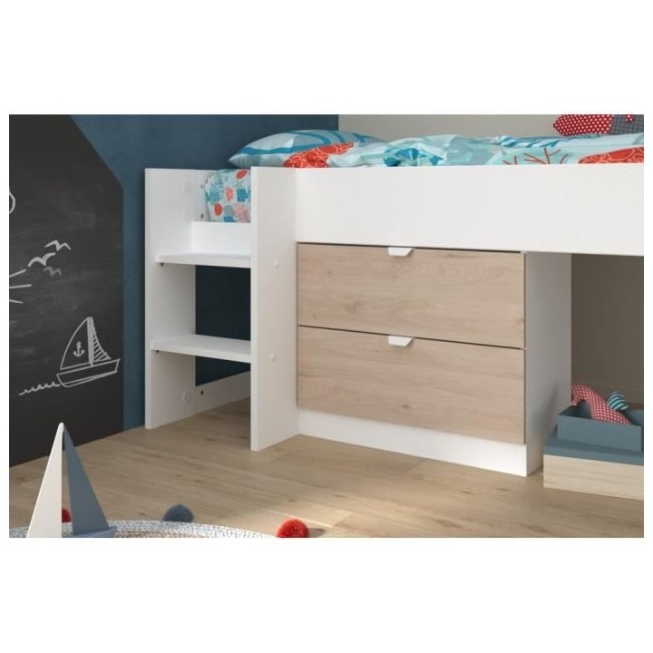 PARISOT SLIDE - Lit toboggan enfant - Décor Blanc et Chene Jackson -