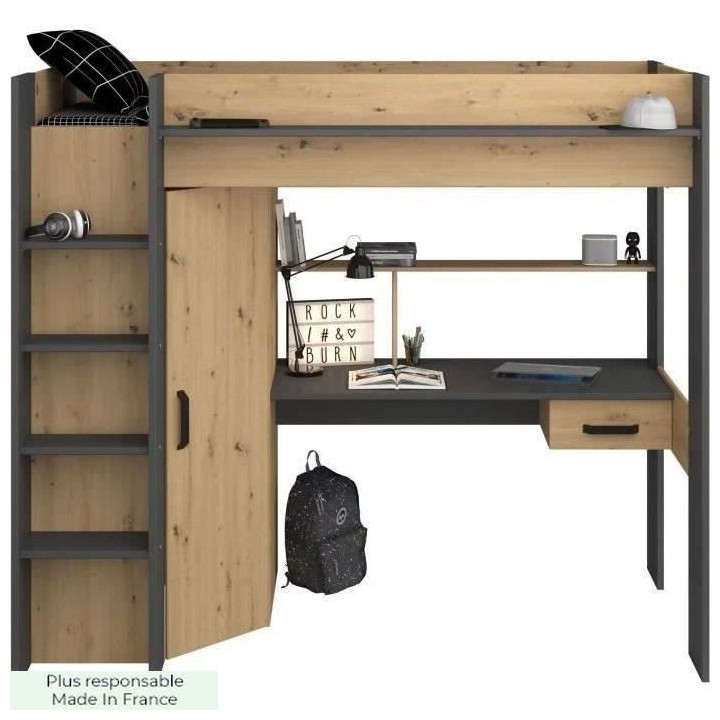 PARISOT HIGH Lit combiné mezzanine enfant - Décor chene et gris - So
